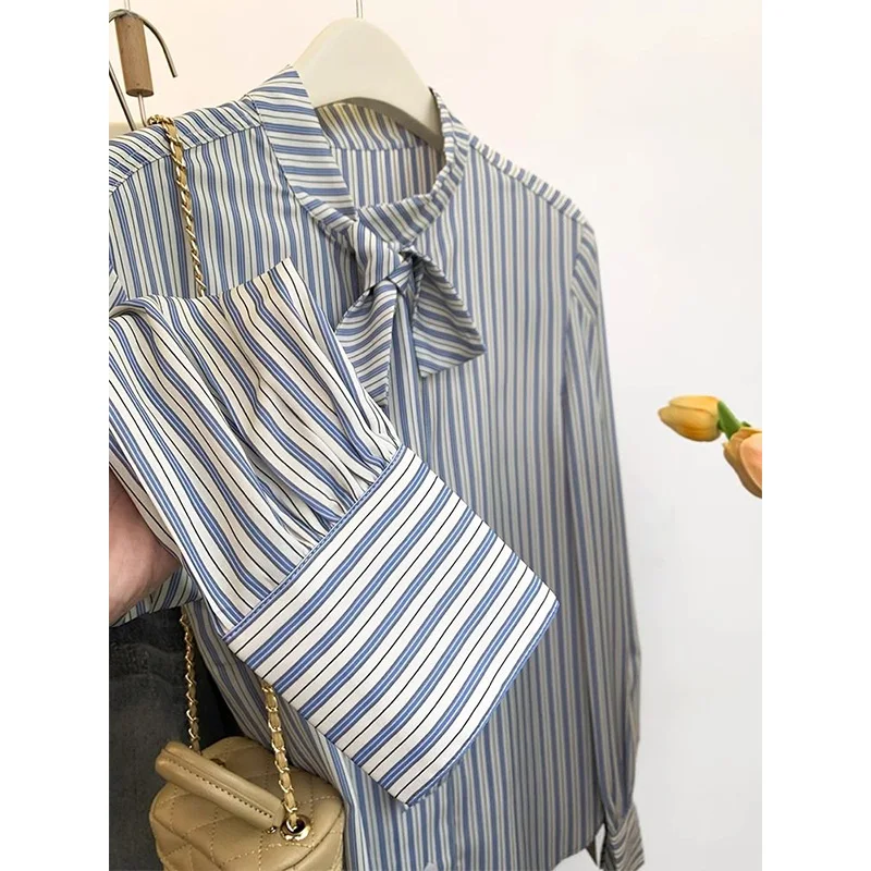 Femme Primavera Estate Moda coreana Colletto con stampa bottoni Camicia da donna Semplicità Cardigan a maniche lunghe a righe alla moda