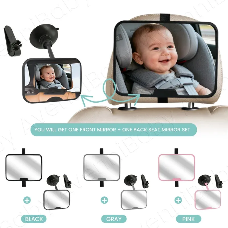 2PC Baby Car Mirror Set Including Clip-On Forward-Facing Mirror & 360° Rotatable Shatterproof Car Seat Mirror