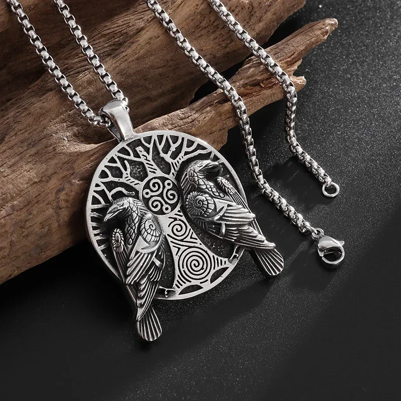 Retro Norse Mythology Double Raven Tree of Life Pendant Necklace for Men Personality Charm Hip Hop Cool Casual Jewelry Gift