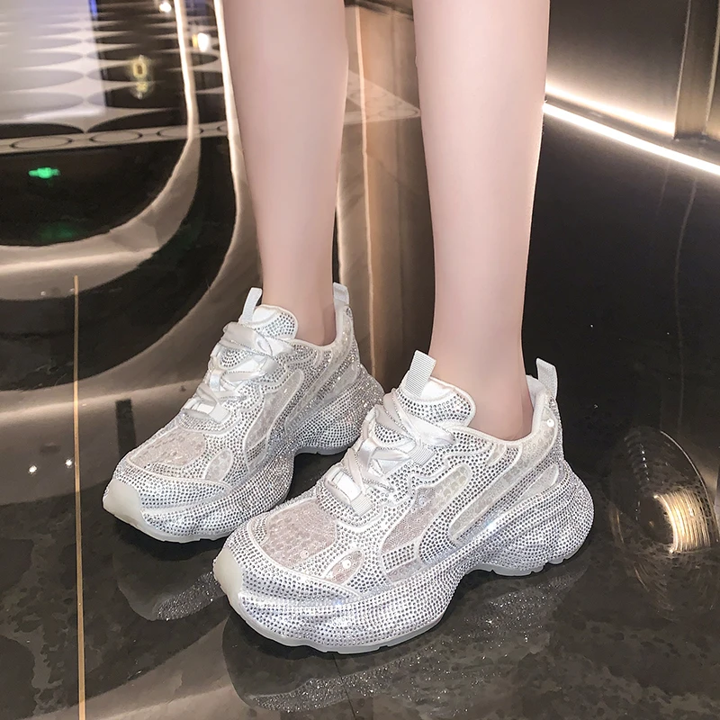 Hot Leather Casual Shoes Rhinestones High Top Sneakers Women Vulcanized Lace Up New Internet Celebrity All-Match Flat Thick Sole