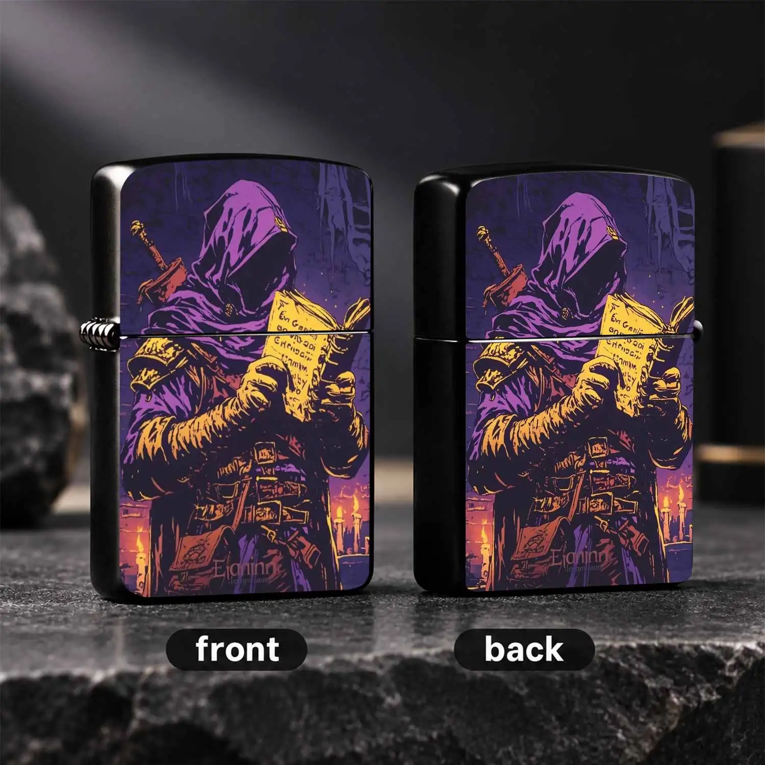 Vintage Style Lighter with Purple Hooded Reading Ancient Tome Print, Creative Retro Adventurer Pattern Windproof PORTABLE Lighter, Unique Exquisite Collectible Gift for Fantasy Game Lovers, Boyfriends and EDC Enthusiasts for Daily Use A F