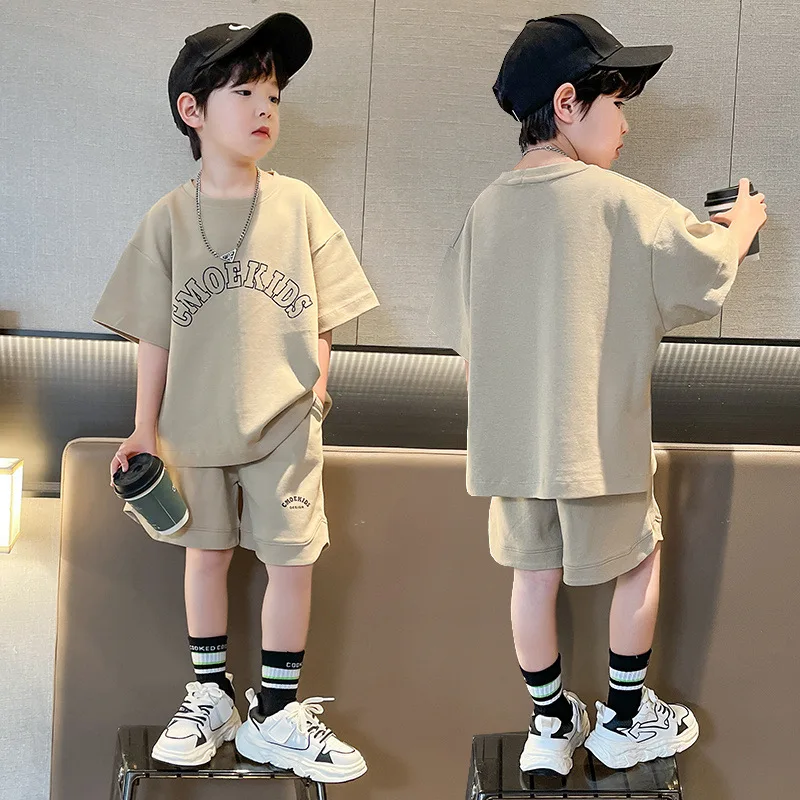 Summer Casual Boys  Cotton Apricot Alphabet T-Shirt Tops+Shorts School Kids 2PCS Tracksuit Children Outfit Workout Set 5-14 Yr