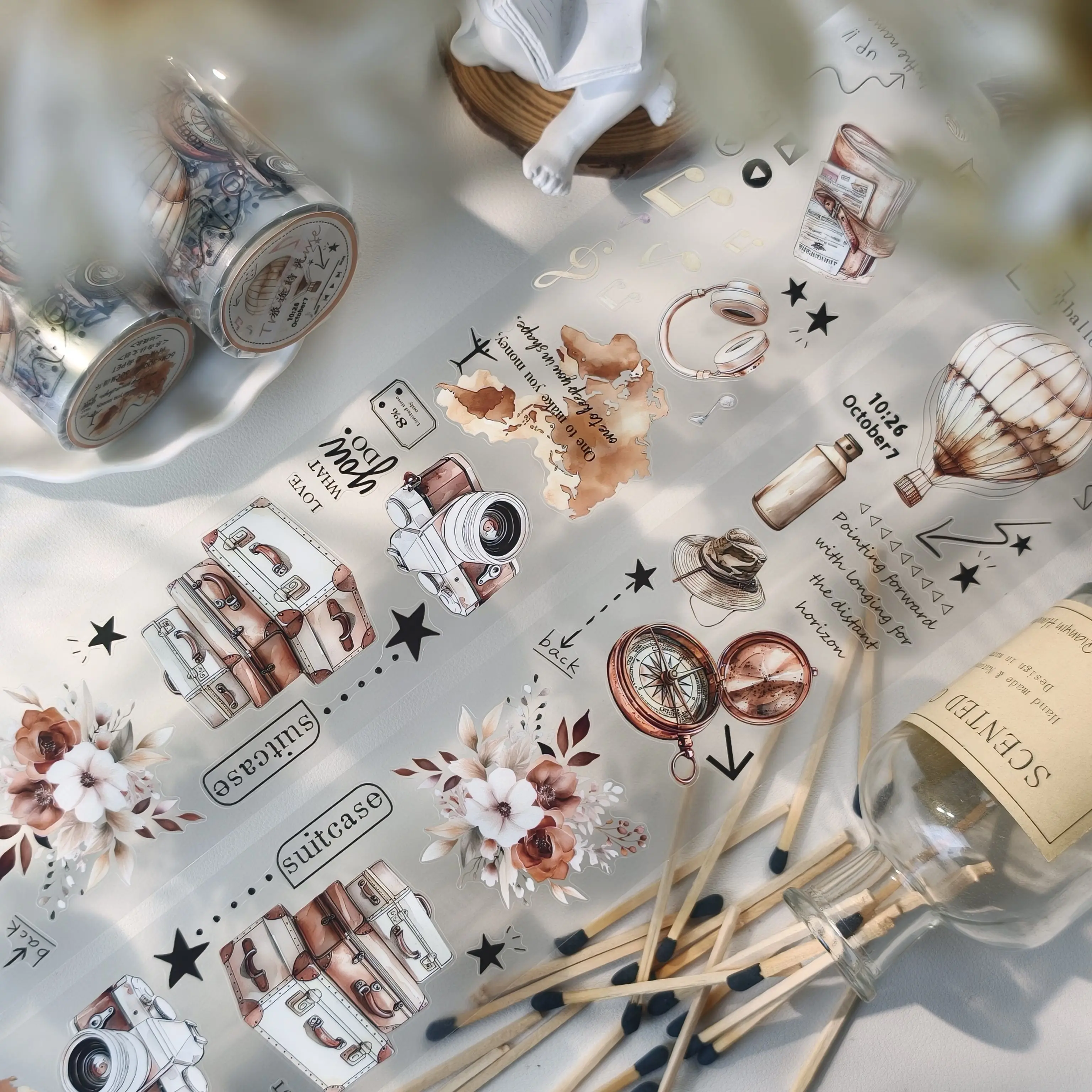 

Dongxi Society Cultural and Creative [Travel Time] PET Cutting Mold Notebook Sticker Tape Bronze Brown Brown Travel Sticker