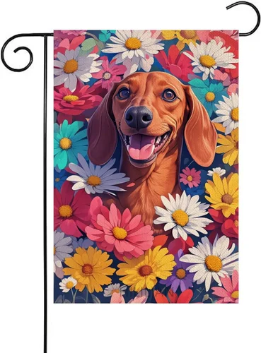 Dachshund Garden Flag Spring Summer Colorful Daisy Garden Flag Dog 12X18 Inch Do OOV IIC