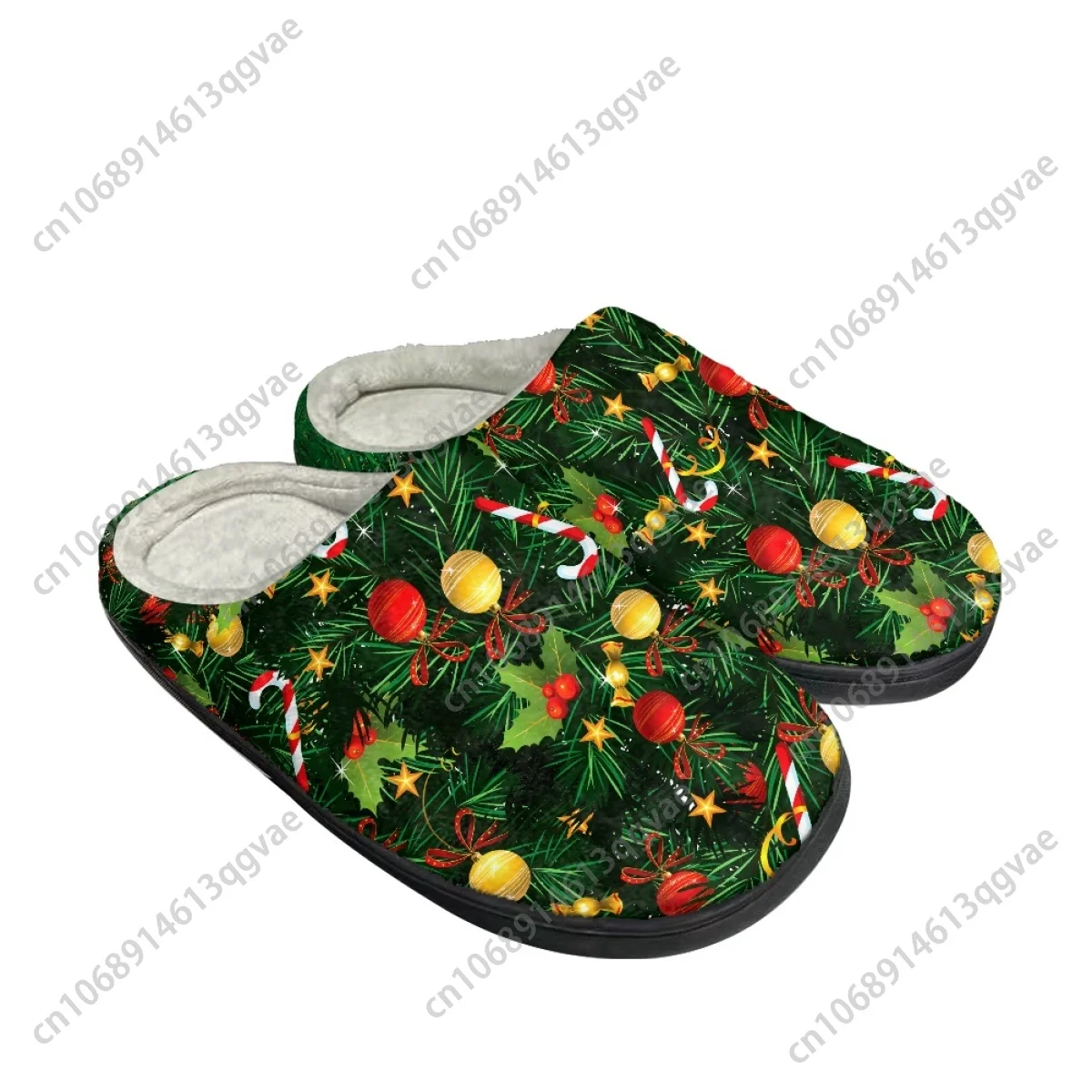 Christmas Green Tree Christmas Balls Pattern Home Cotton Slippers Mens Womens Teenager Plush Bedroom Keep Warm Custom Slipper