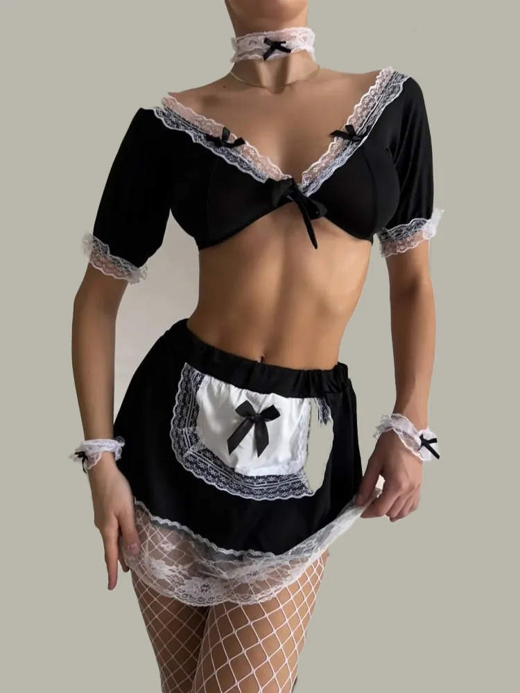 Women's Black White Maid Costume Lingerie Set Crop Top Mini Skirt Apron Lace Trim Choker Sexy Role Play Uniform Outfit for Women