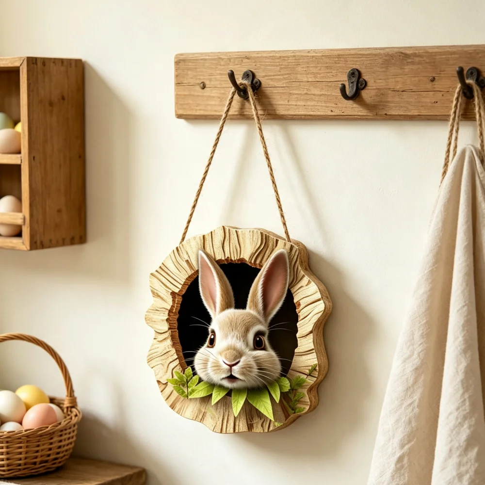 Vintage Easter Tree Cavity Bunny Wooden Wall Hanging, Rabbit Head Printed Wood Plaque, Poplar Plywood Door Decor, 5mm Thick