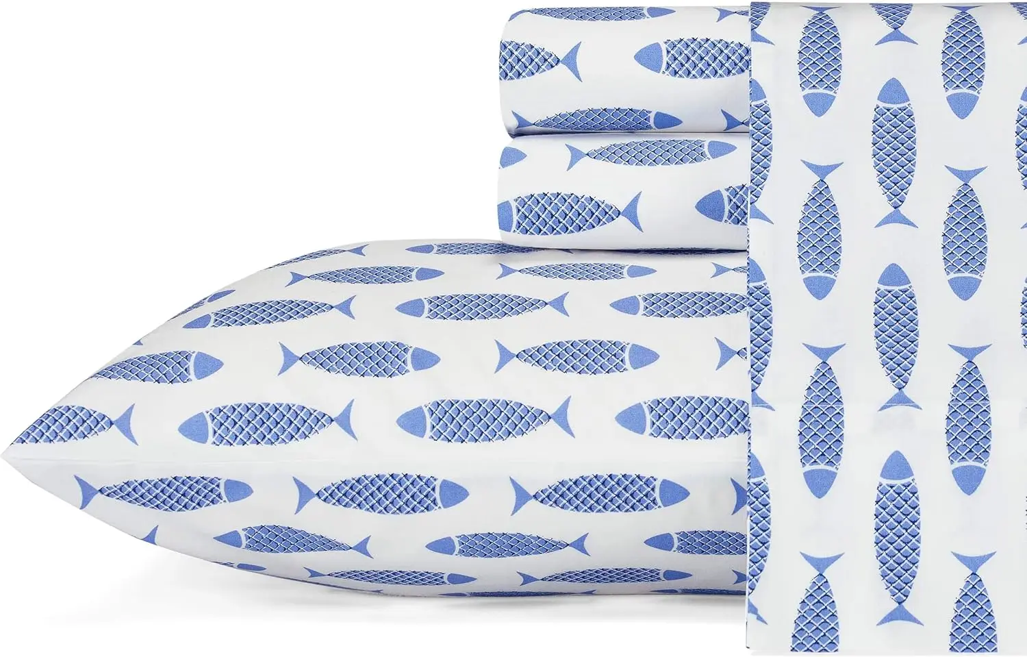 Queen Sheets, Cotton Percale Bedding Set, Crisp & Cool, Coastal Home Decor (Woodblock Fish Blue, Queen)