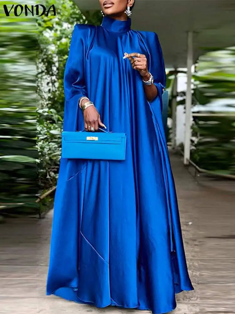 VONDA Women Elegant Satin Dress 2024 Fashion Long Bat Sleeve Stand Collar Evening Pleated Maxi