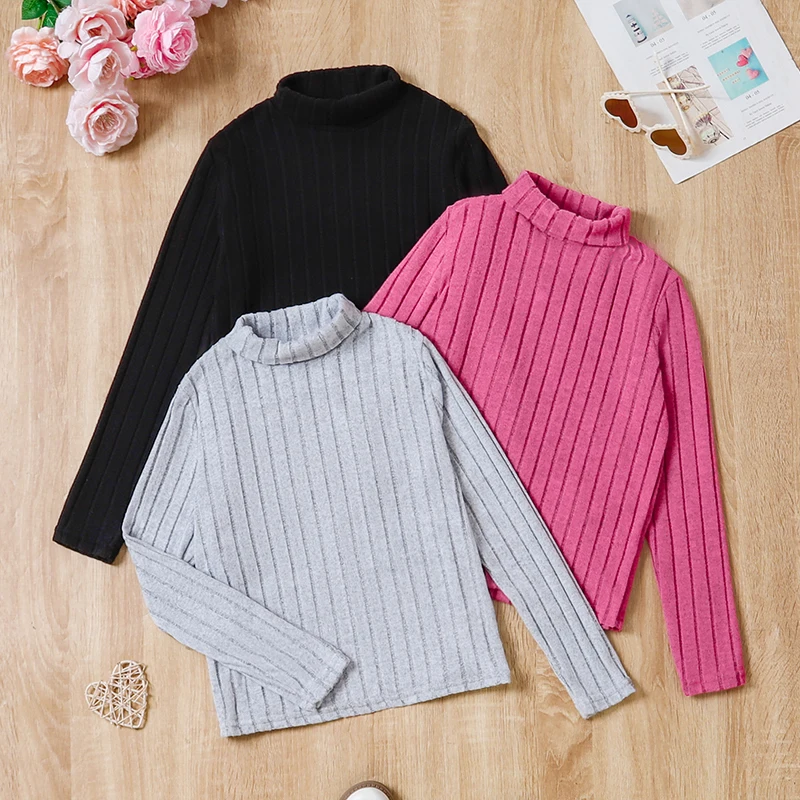 3-Piece Autumn And Winter Girls Fashion Trend Daily Casual Cute High Flip Collar Basic Solid Color Base Slim Knit T-Shirt