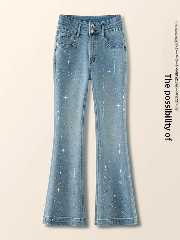 

Spring High Waist Flared Denim Jeans Women's Double Row Button Slim Fit Fish Tail Pants Diamond Embellished Straight Leg Jeans