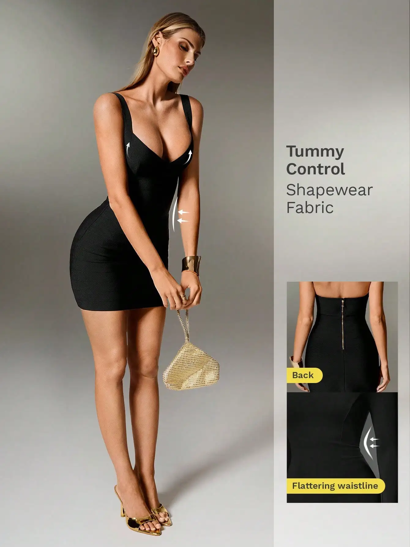 

Черное трикотажное облегающее мини-платье на тонких бретелях с эффектом коррекции живота для женщин