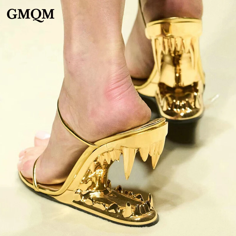 GMQM Brand 2024 Newest Women\'s Party High Heels Open-Toe Sexy Gold Sandals Profiled Trendy Pumps Hollowed-Out Teeth Tiger Heel