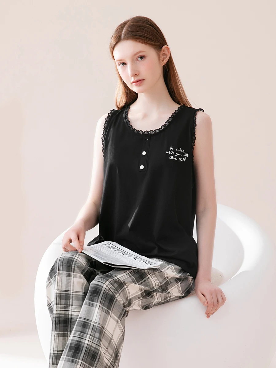 fenteng-women's-summer-sleepwear-pure-cotton-round-neck-vest-plaid-pants-ruffle-sweet-loose-home-clothes-korean-style