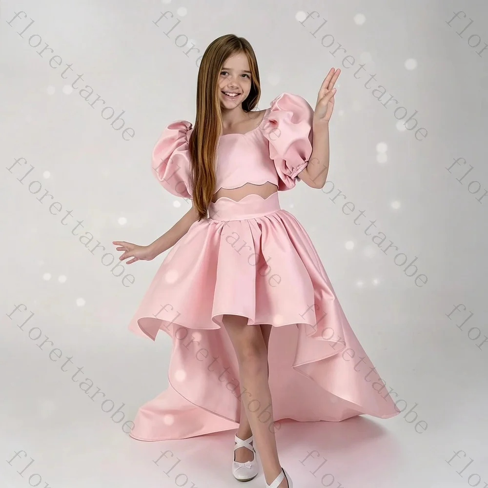Customized Pink Satin Flower Girl Dress Two Piece Puff Sleeve Square Neck High Low Skirt Scalloped Waist Wedding Kid Party Gown