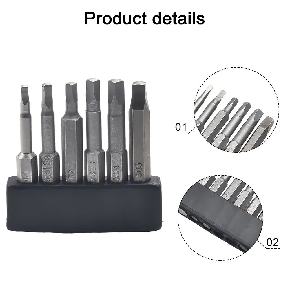 6pcs 50mm Magnetic Square Head Screwdriver Bits 6.35mm Shank SQ1 SQ2 SQ2.74 SQ3 SQ4 SQ5 For Electrical Electrician Hand Tools