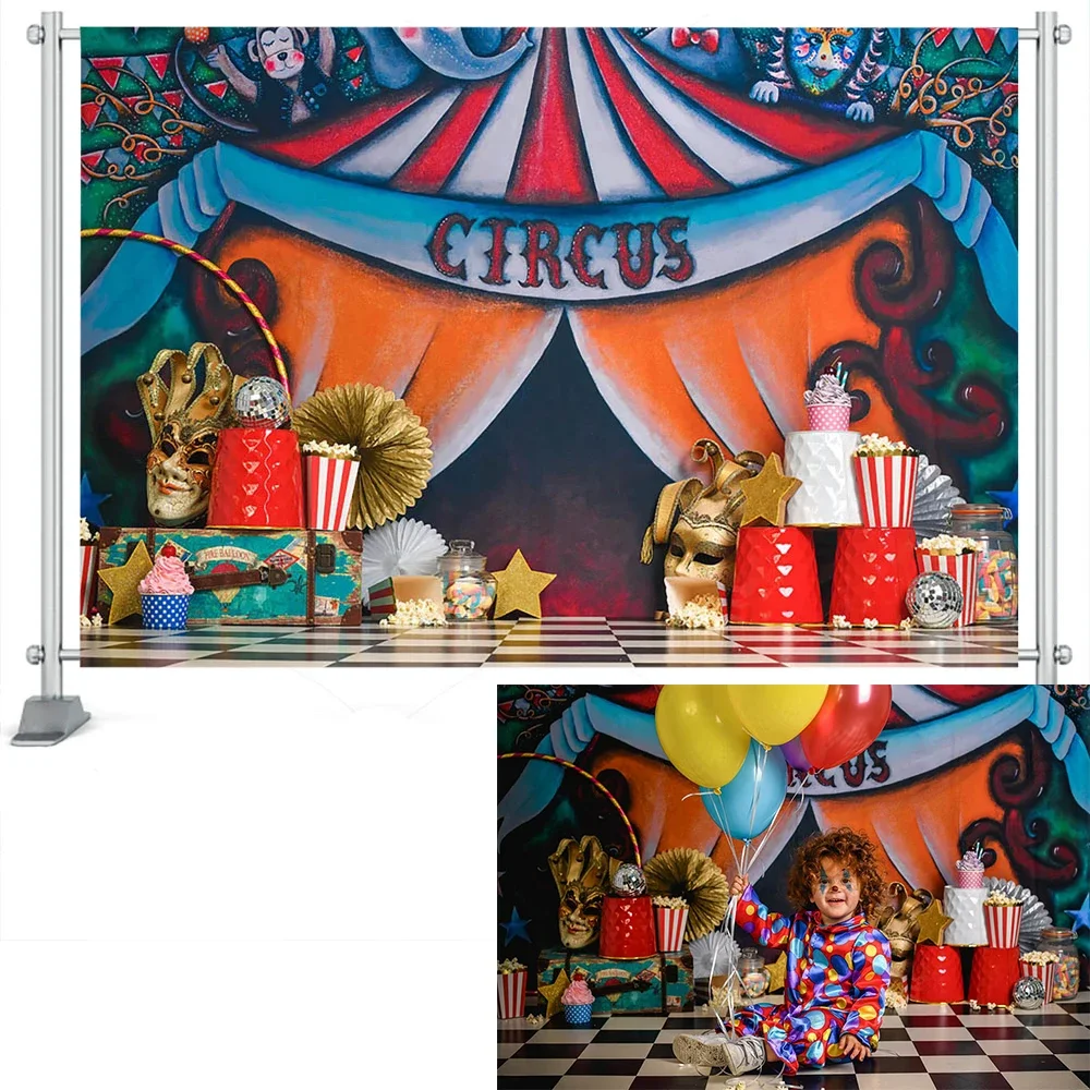CircusThemed 어린이 현금 스매시 사진 배경, 첫 번째 생일 소품, 아기 예술적 초상화 텐트, 어린이 배경 사진 스튜디오