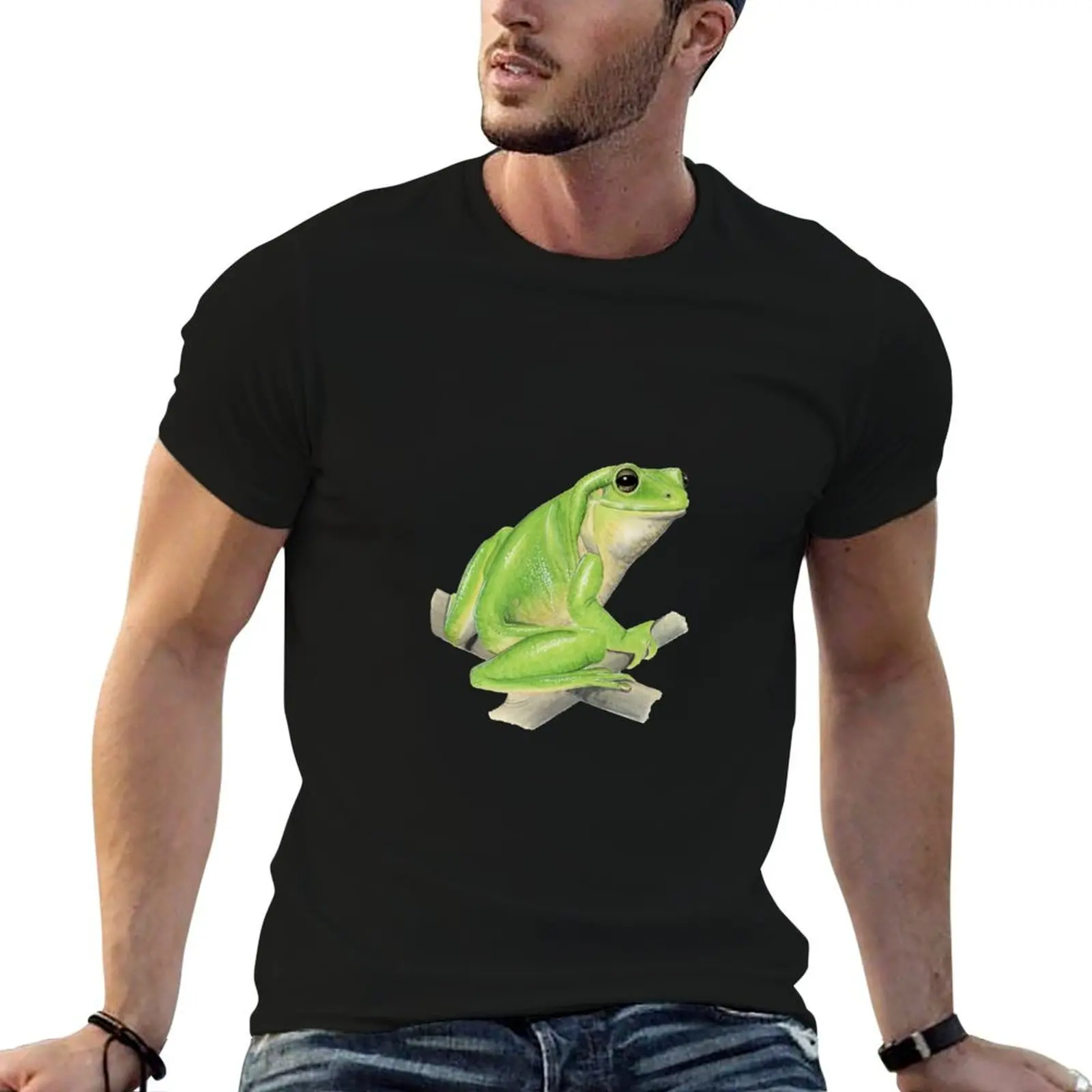 

Smiling Australian green tree frog [Golden] Fitted T-Shirt rapper graphic tees Blouse cotton graphic tees black t shirts for men