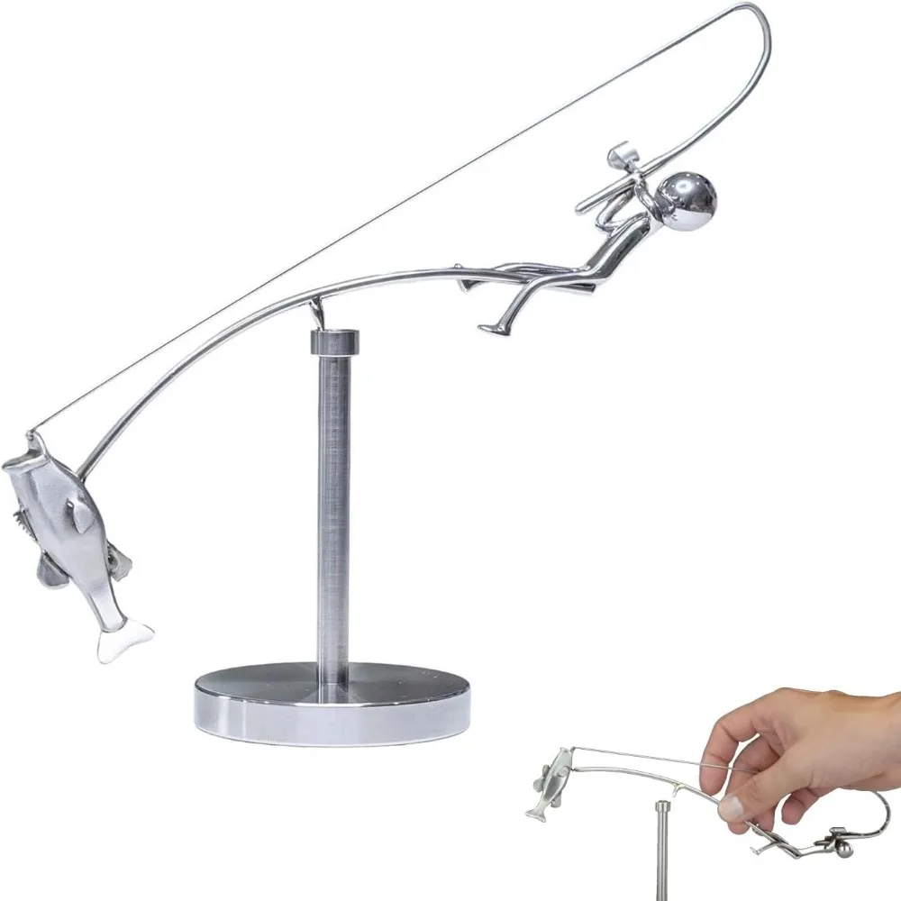 Creative Kinetic Fishing Sculpture Desk Ornament Gift Kinetic Balance Art Statue Metal Fishing Statue Home Office Decoration