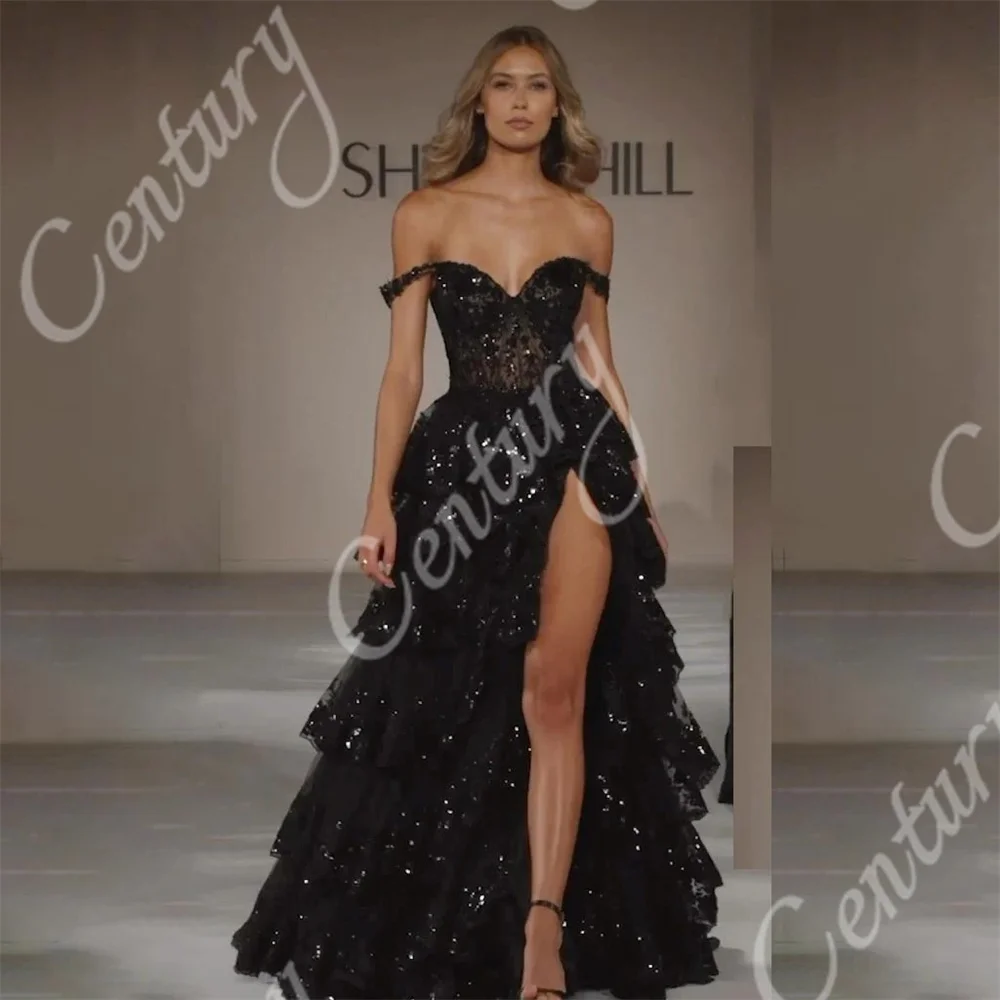 Maßgeschneiderte schwarze Abendkleider mit hohem Schlitz, Tüll, abgestuftes Ballkleid, A-Linie, formelle Anlässe, Hochzeitskleid, individuelle Robe Soiree