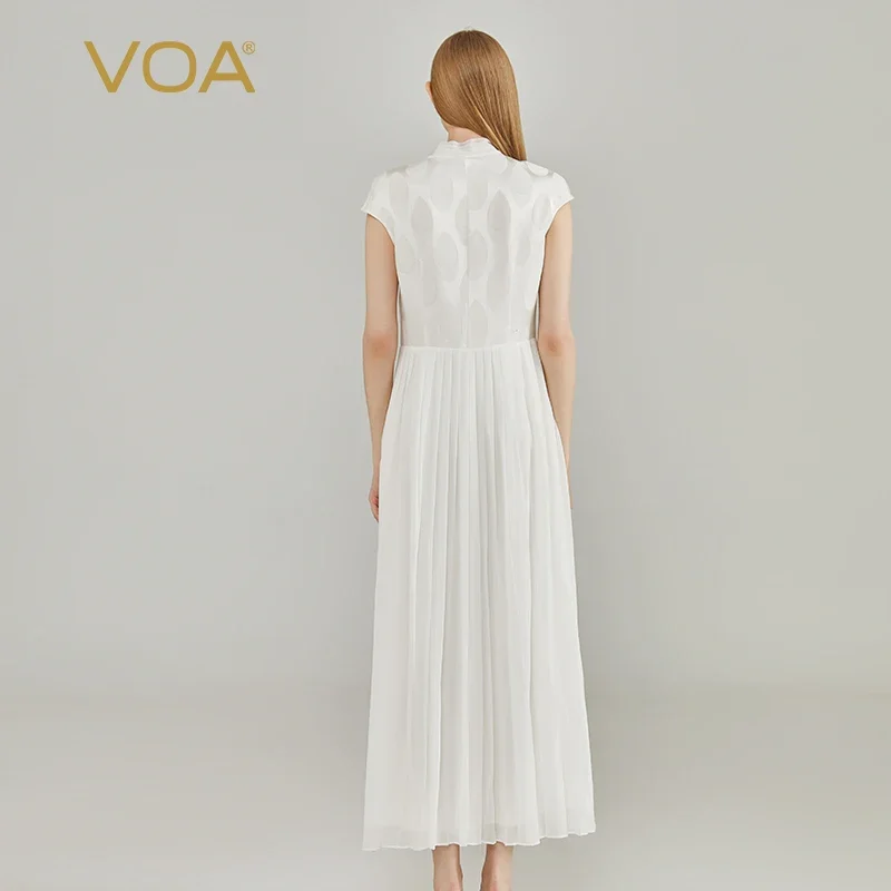 VOA Silk Jacquard 34 Momme Milk White Ribbon Collar One Button Dresses Three Layer Georgette Patch Elegant Summer Dress AE2215