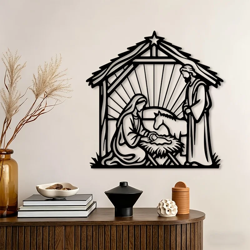 A modern Nativity metal wall decoration，Modern Nativity Scene Sculpture Mural 1pc