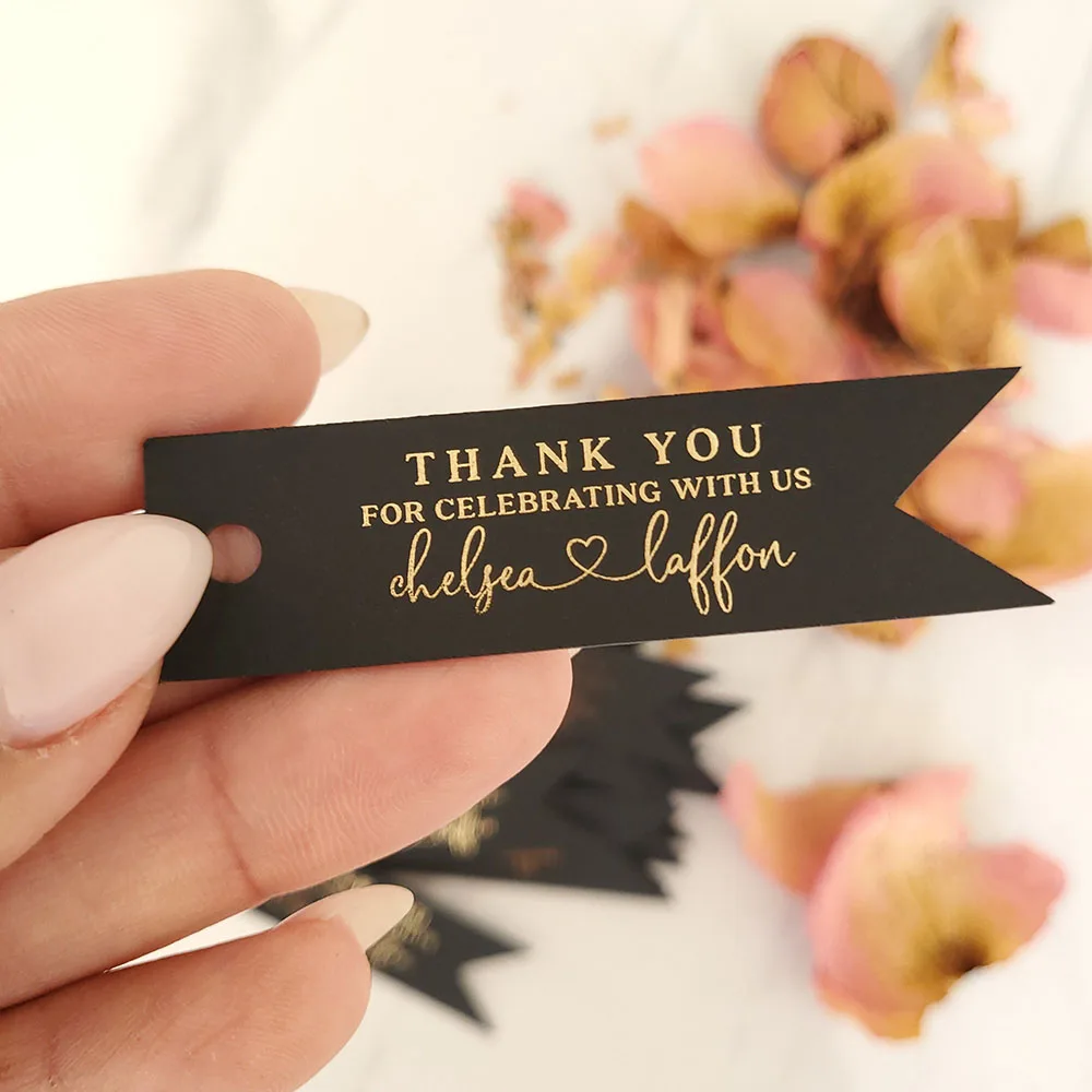 50Pcs Custom Wedding Tags Gold Foil DIY Thank You Tags White/Black Wedding Favors Labels for Gift Bridal Shower Party Favors