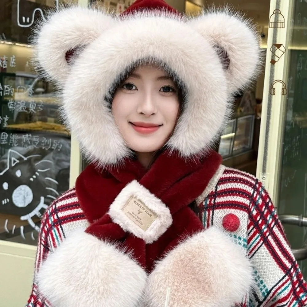 

Two-Piece Set Fox Ear Hat Scarf Thickened Cold Protection Bear Hat Scarf Integrated Design Korean Style Neck Warmer Winter