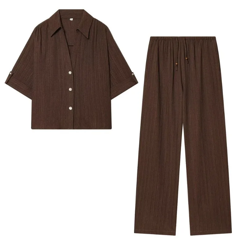Casual Fashion lapel Collar Short Sleeve Single breasted T-shirt+Lace up Elastic Waist Pants 2-piece Set Summer Women's Suit