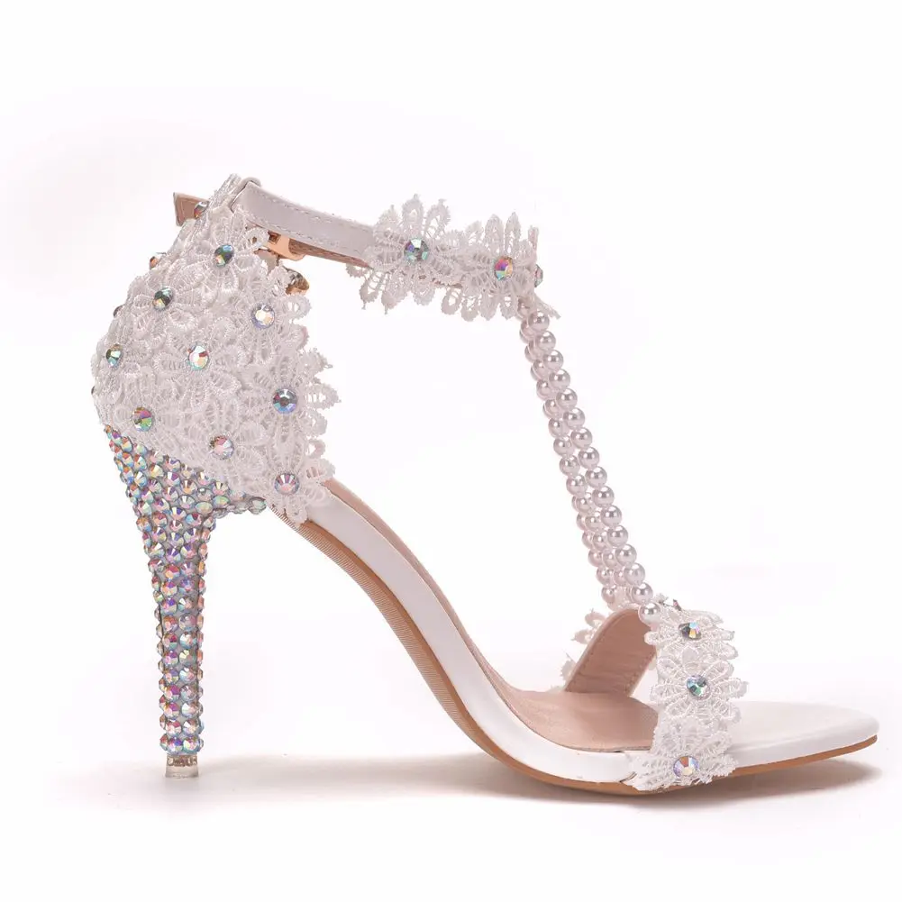 9cm Thin High Heels Beaded High Heels Sandals Lace Flower Rhinestone Wedding Shoes Bridal One Line Sandals
