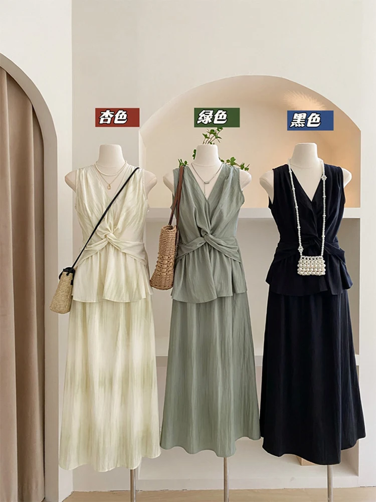 Summer Women French Stylish Old Money Vacation Vintage Suit Office Lady Outfits 2 Piece Set Draped Tank Top + Midi Long Skirts