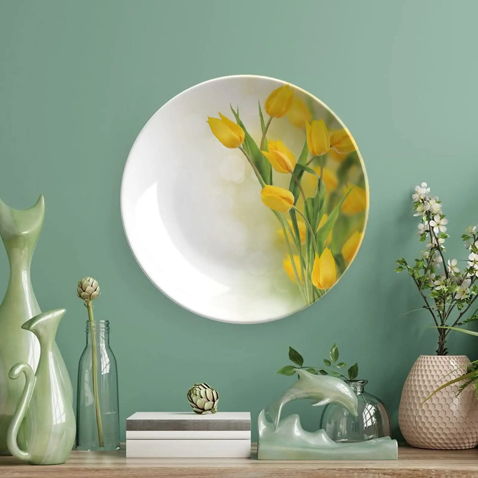 Decorative Plate, Yellow Flower Ceramic Stoneware, Romantic Tulip Bouquet Netherlands Botanical Print Ceramic Wall Hanging Decor