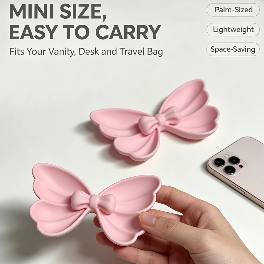 2Pcs Bow-Shaped Compartmentalized Jewelry Storage Tray with 3D Bow Decoration and Scalloped Edge Design, Soft Pink Matte Texture, Smooth Touch, Sturdy Material, Multi-Compartment Storage for Rings, Earrings, Necklaces, Bracelets, Small Jewelry Dish, Dressing Table Organizer, Bedside Table, Entryway, Desktop Miscellaneous Storage Tray, Compact Size, Space-Saving, Easy to Access Daily, Modern Minimalist and Elegant Home Decor, Women's Birthday Gift
