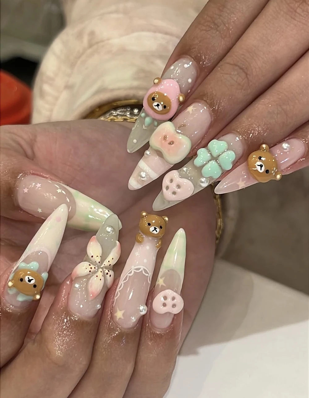 10Pcs Handmade 3D Bear Rilakkuma Rabbit Press On Nail Art Stickers Bowknot Cake Cream Chocolate Manicure Birthday Gift view 4
