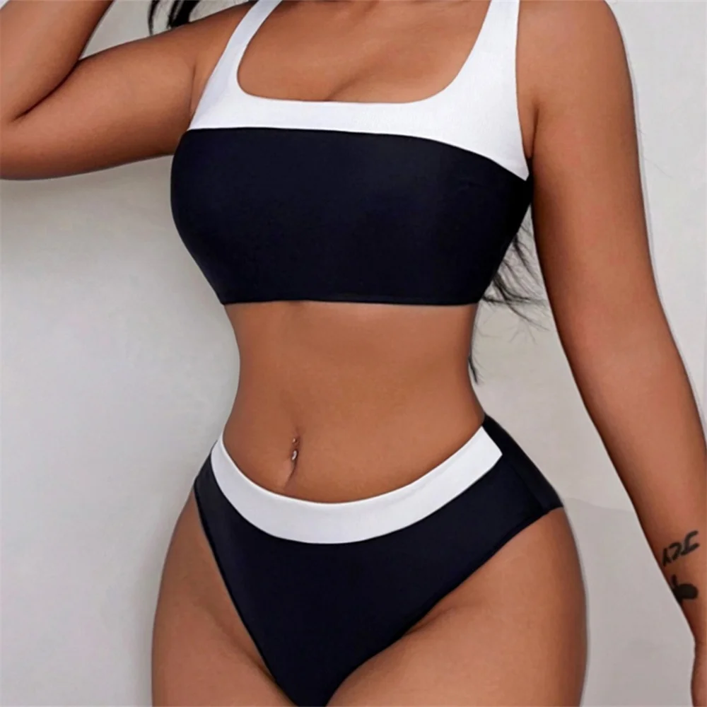 Sexy schwarzer Bikini weiß Y2K Patchwork Kordelzug rückenfrei Tankini Badeanzug Push Up Urlaub Bademode Frauen Strand Schwimmen Outfit