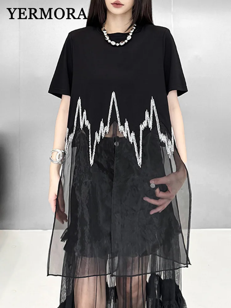 

YERMORA Women Black Spliced Mesh Hem Casual T-shirt O-neck Short Sleeve Loose New Tops Fashion Tdie Spring Summer 2025