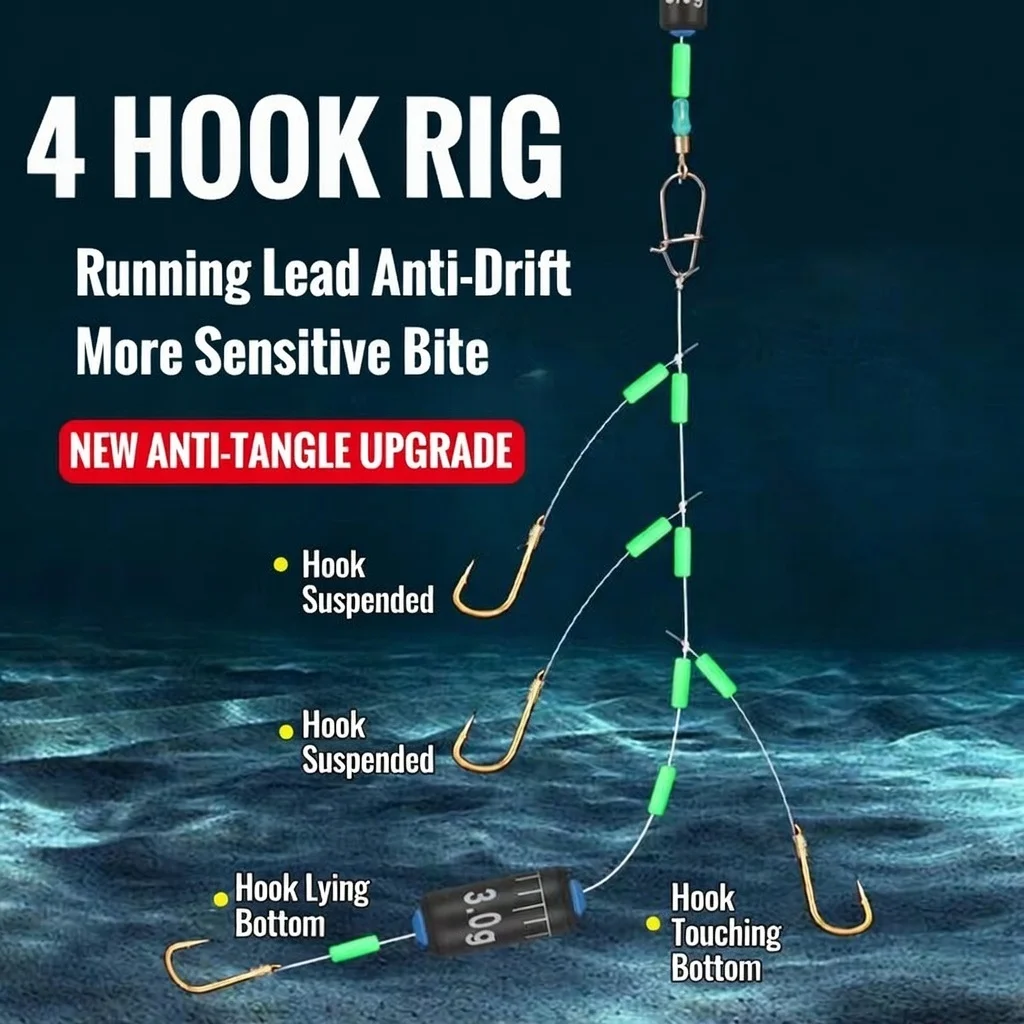 

5pcs Hand Tied 4 Hook Size 3#-7# Rig Anti-Tangle Gold Swivel Barbed Hand Tied Fishing Rig with Sinker for Carp Bottom Fishing