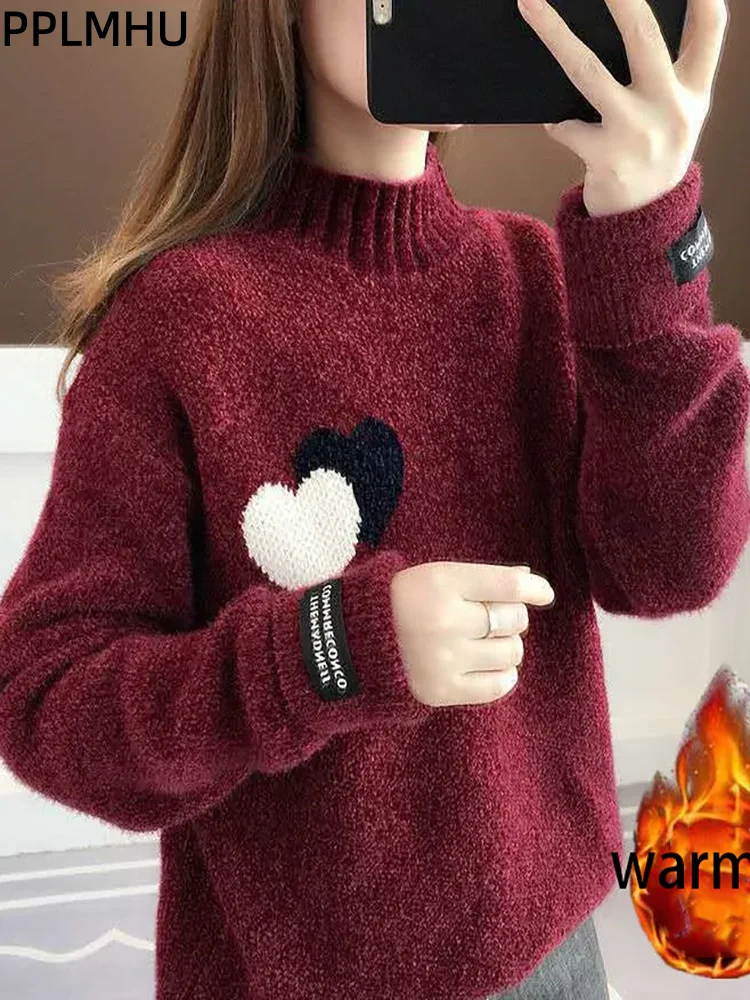 

Warm Thickened Velvet Knitted Sweater O-Neck Love Printed Fashion Baggy Jumpers Sueter Soft Women's Casual Knitwear Pullovers
