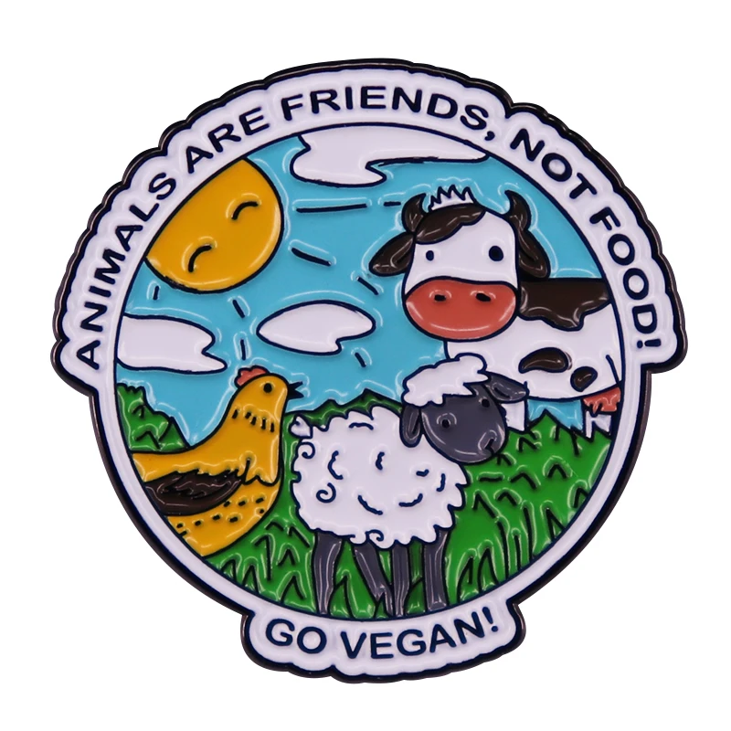 Animals Are Friends Not Food Lapel Pin Veganism Badge Cow Sheep Chickens Pig Animals Friends Cartoon Brooch Bags Jewelry Accesso