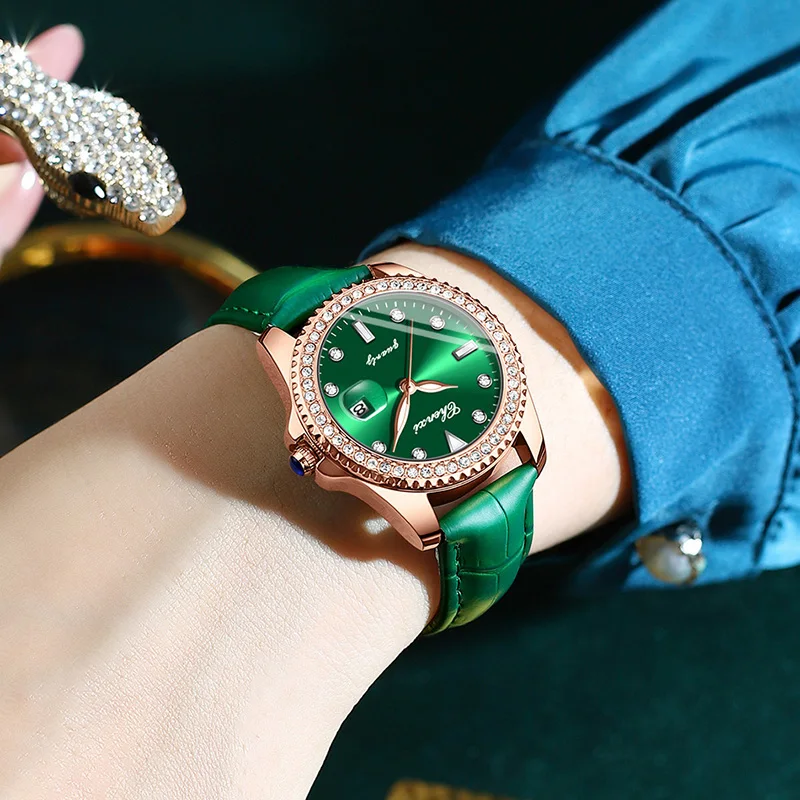 Vintage Style Green Dial Women Watch CHENXI Brand Stainless Steel Wristwatch Rhinestone Design Valentine\'s Day Gift for Lover