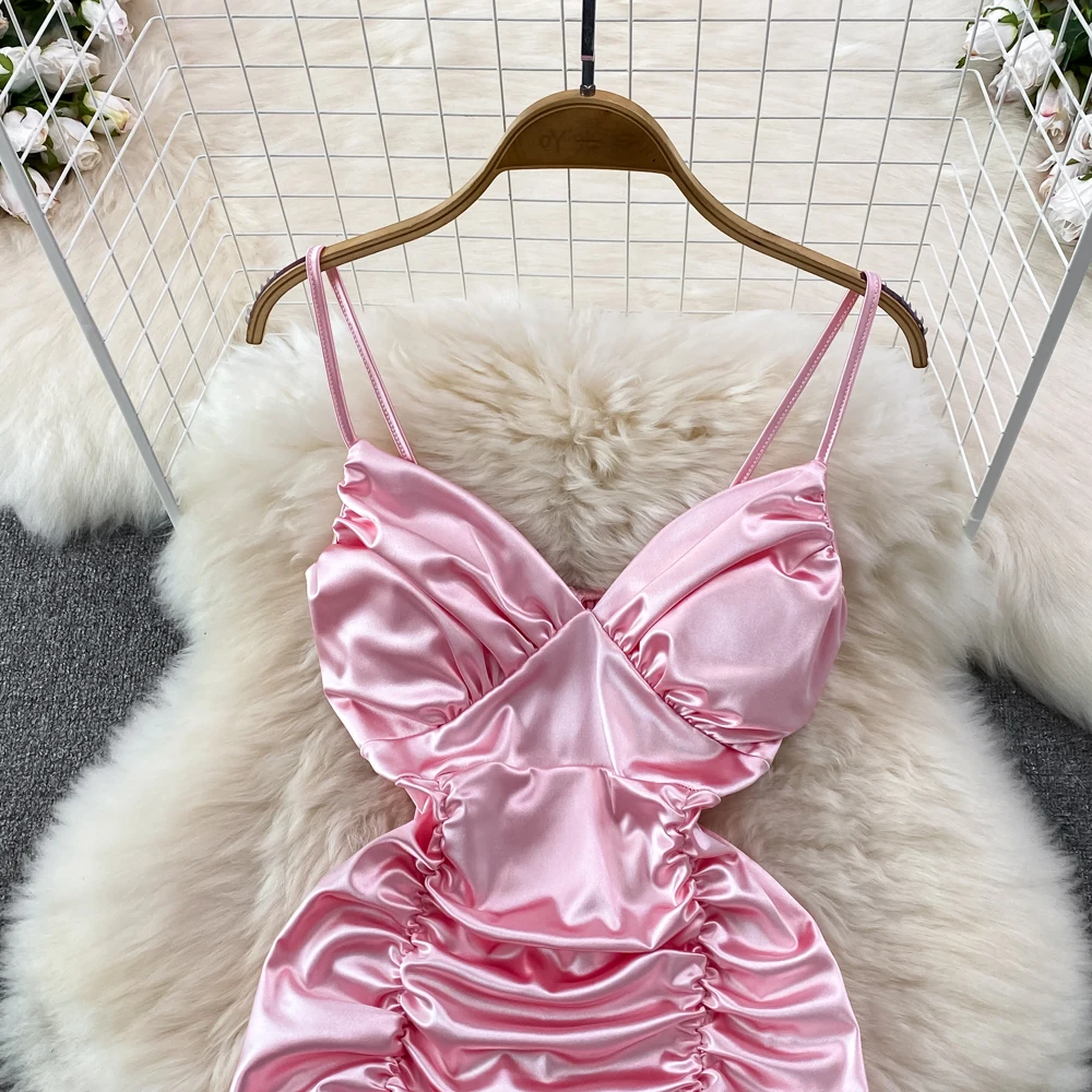 Mulheres cetim seda ruched vestido senhora estilingue sexy puro desejo vestidos senhora data noite cama sexy allure festa rosa hotsweet homewear