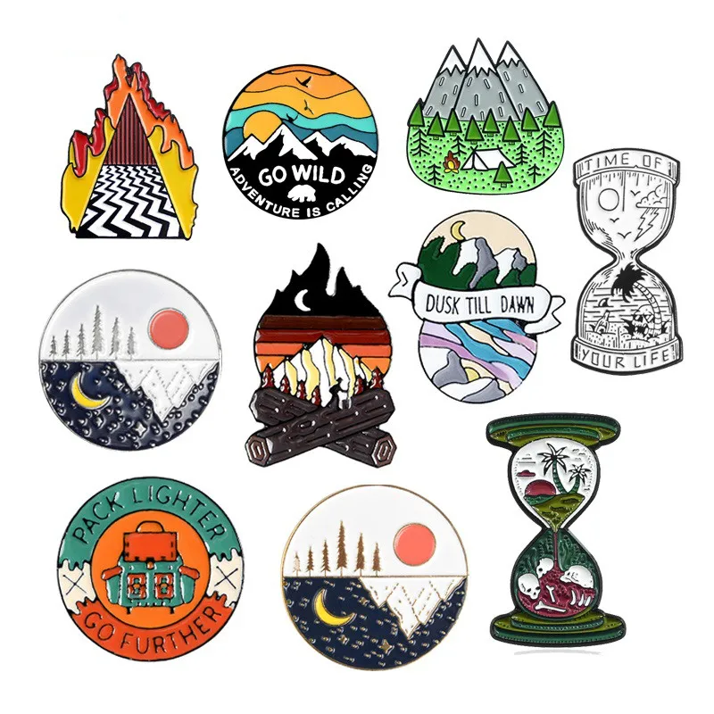 Outdoor Adventure Pins Drifting Picnic Forest Map Tent Desert Island Sunset Badges Friends Travel Brooch Jewelry Drop Shipping