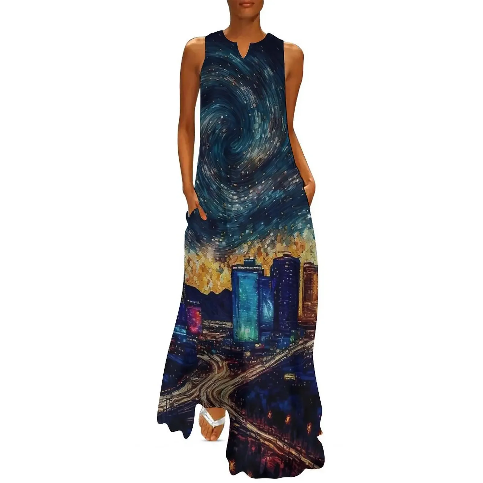 Las Vegas Sternennachtkleid Vintage Maxikleid V-Ausschnitt Benutzerdefinierte lässige lange Kleider Street Wear Vestido Elegantes Party-Damenkleid