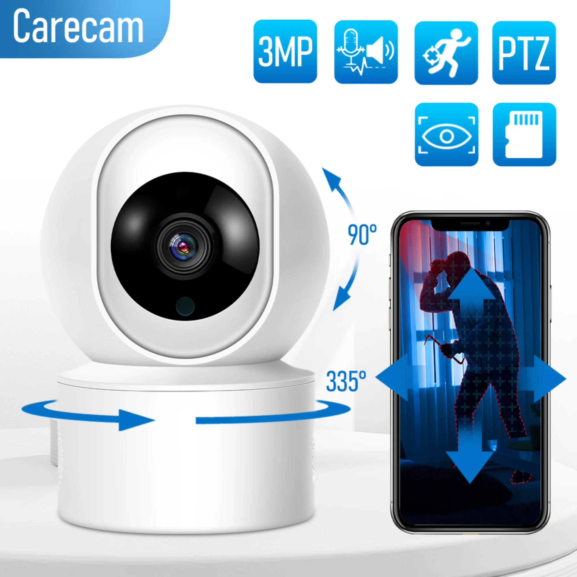 HD 3MP WiFi Camera Home AI Smart Baby Monitor Wireless 2-Way Audio Color Night Vision Home Security Surveillance IP PTZ Camera