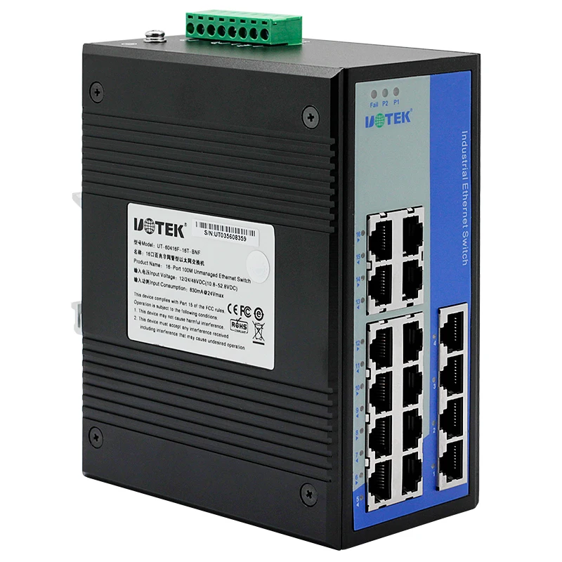 UOTEK 16포트 10/100M RJ45 2레이어 비관리형 산업용 이더넷 스위치 DIN-레일 UT-60416F-16T-BNF
