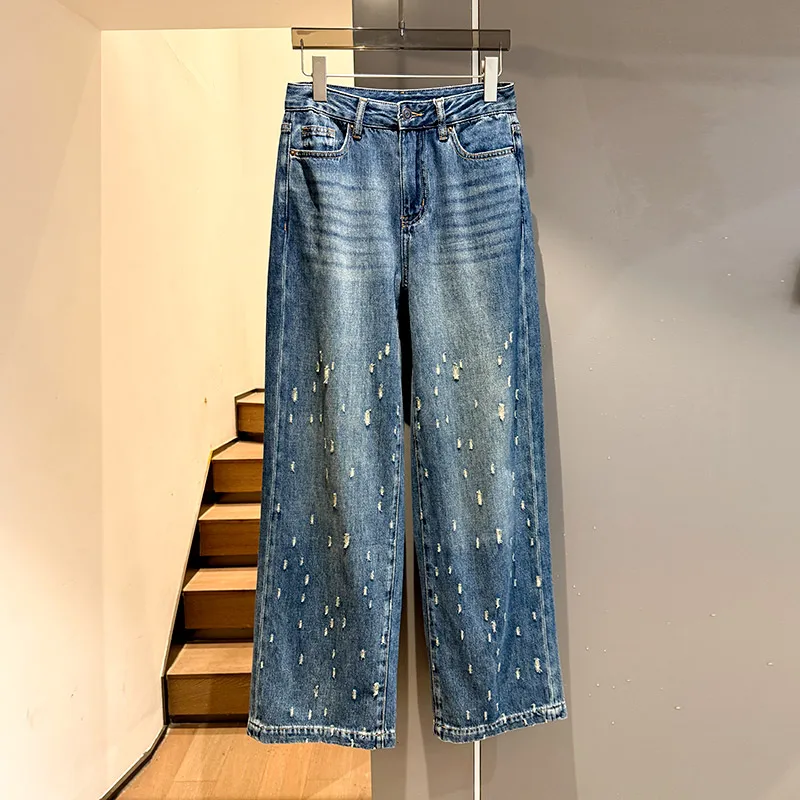 Lazy wind loose women's jeans worn washed high waist straight retro