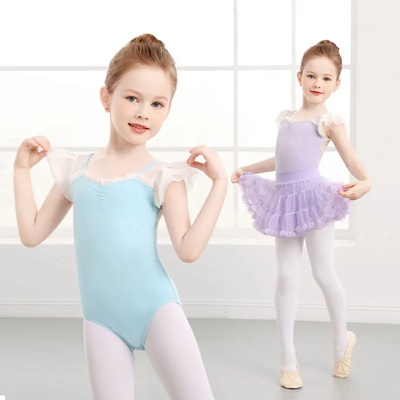 Girls Ballet Leotards Ruffle Sleeves Dance Leotard for Kids Flocked Splice Ballet Dance Bodysuit Child Gymnastic Leotards