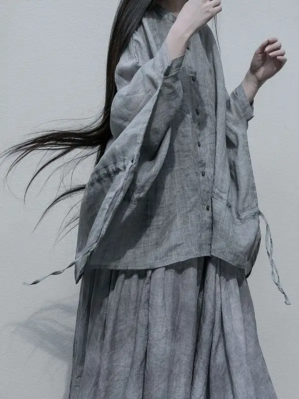 

Свободный крой льняной комплект Batwing Sve Dstring irt, топ и длинная юбка, китайский модный летний наряд, круглый неолинный