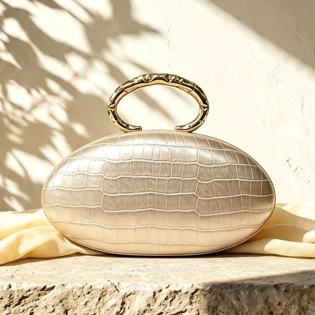 French light luxury oval clutch bag PU texture advanced cold-tuned metal ring handle simple dinner bag