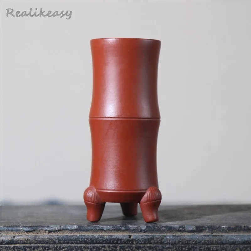 Chinese Three-Leg Purple Clay Flower Pot 2Colors Handmade Carving Bamboo Knot-Shaped Home Desktop Decorative Flower Pot LI635